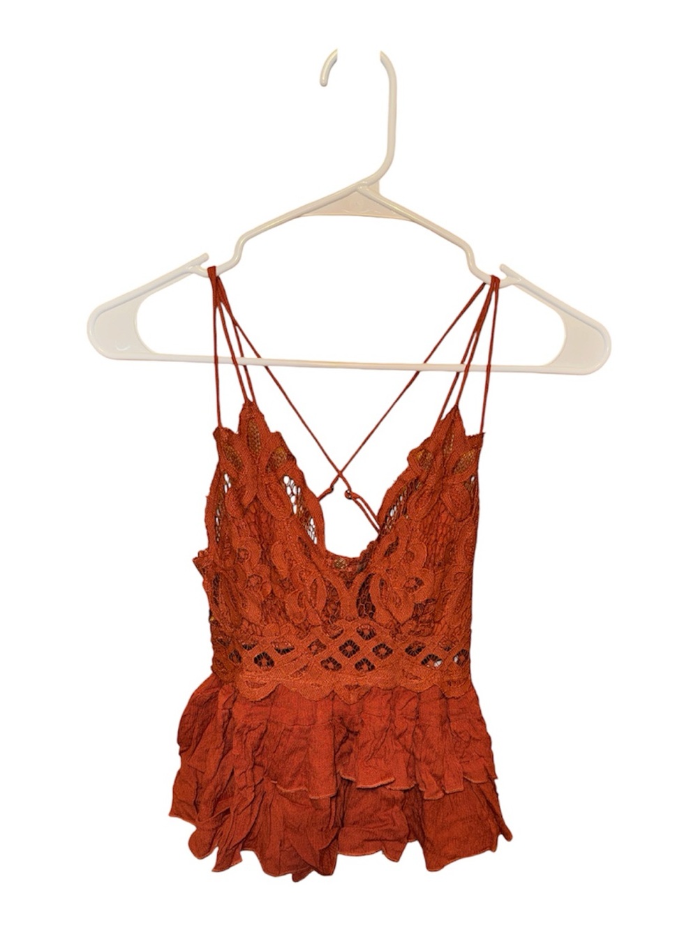 Free People Rust Orange Crochet Lace Ruffled Crop Top